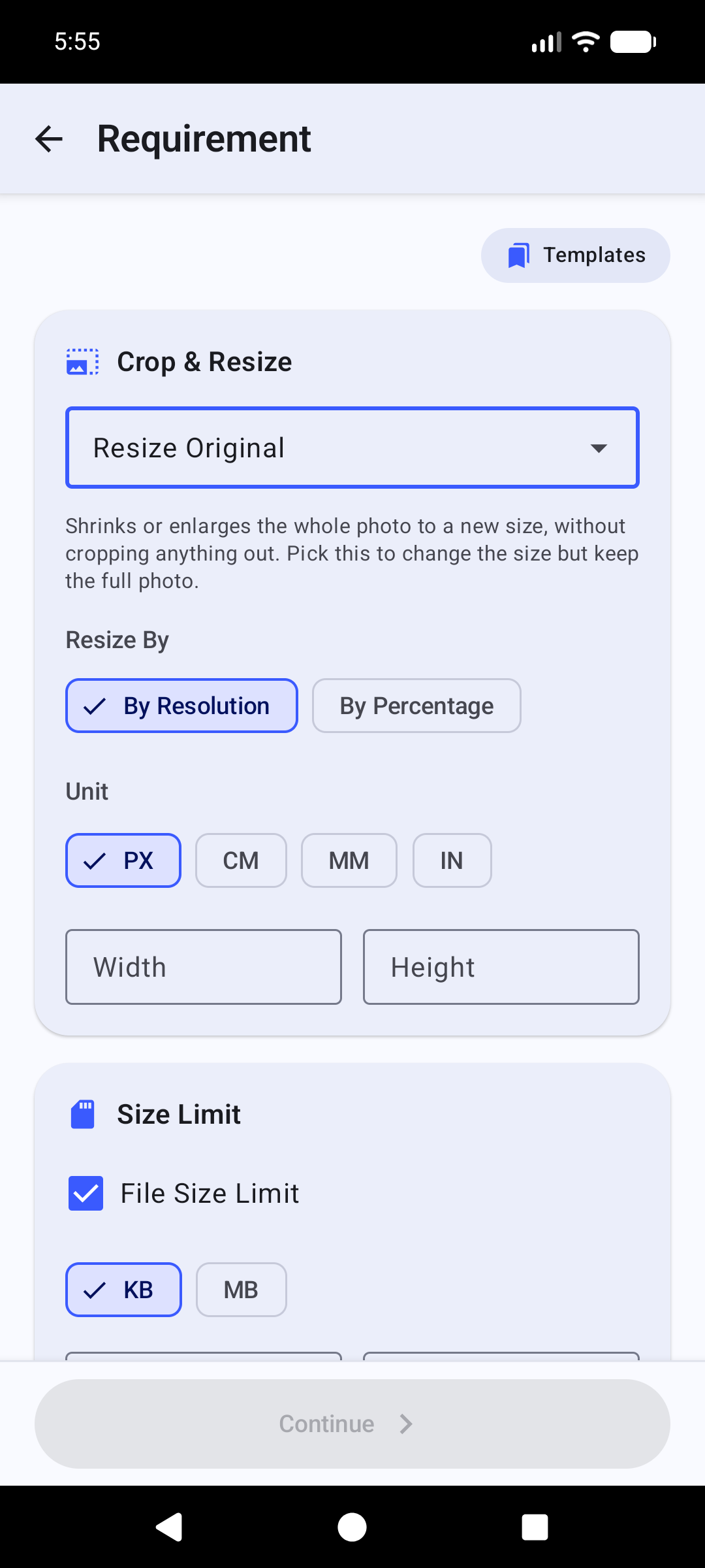Setting an exact photo size requirement