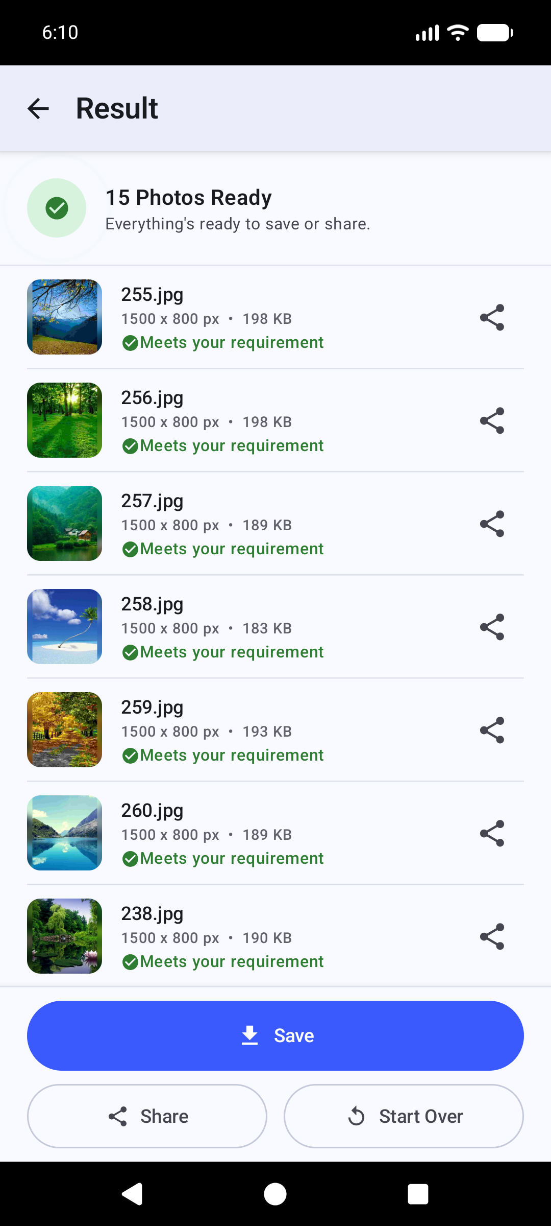 Batch resize result screen
