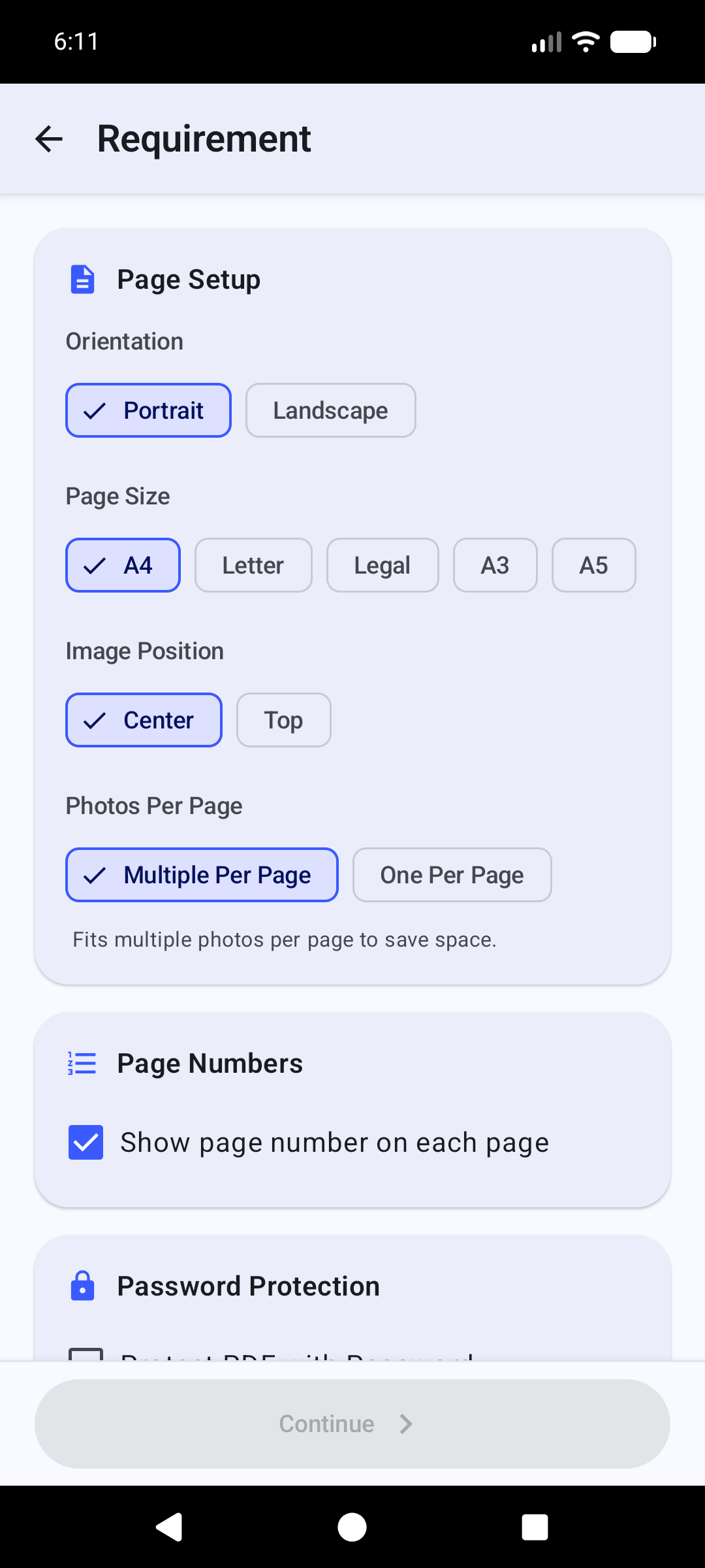 PDF page setup screen