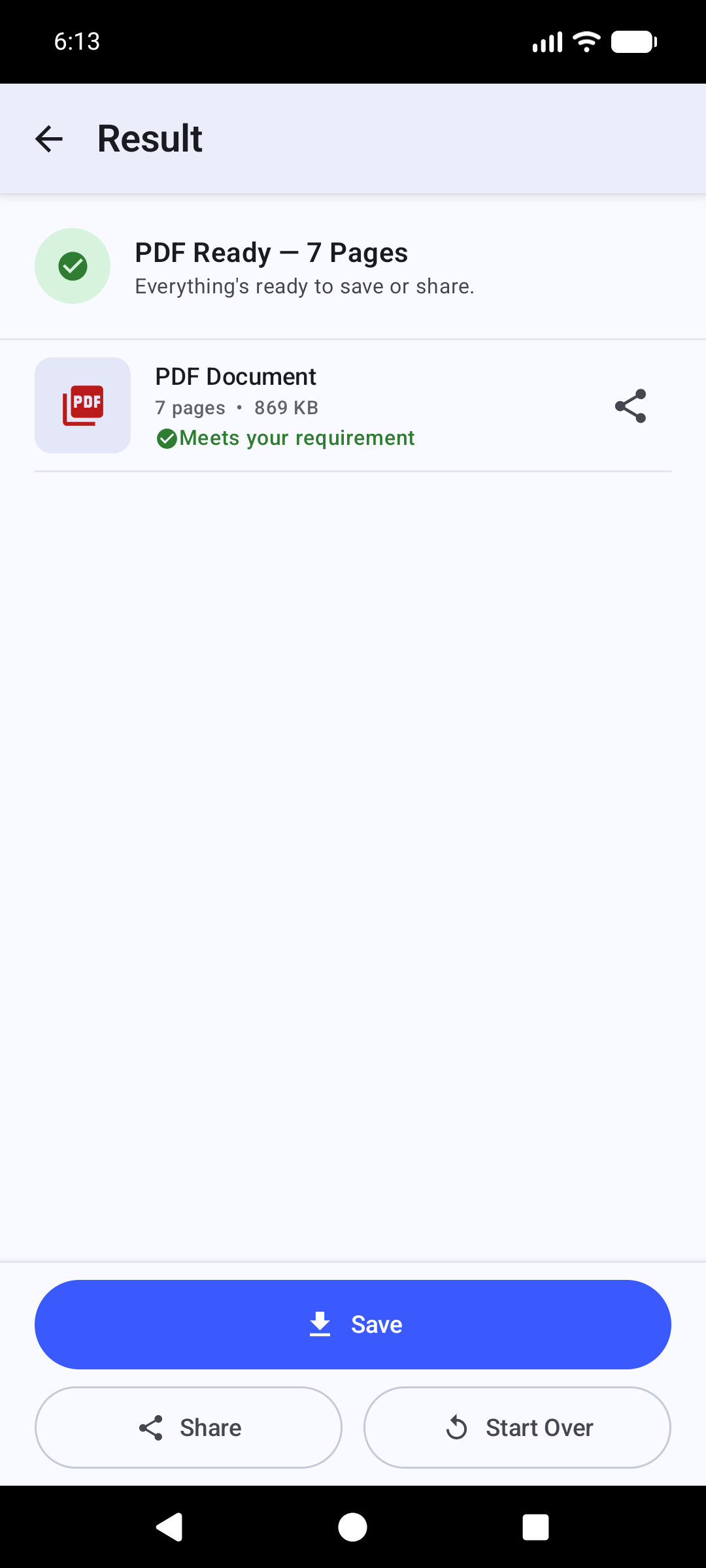 Finished PDF result screen